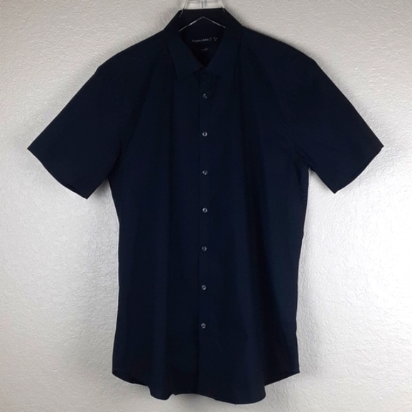 Angilo Litrico Collared Shortsleeve Button Up Slim Fit Stretch in Black - Picture 1 of 5